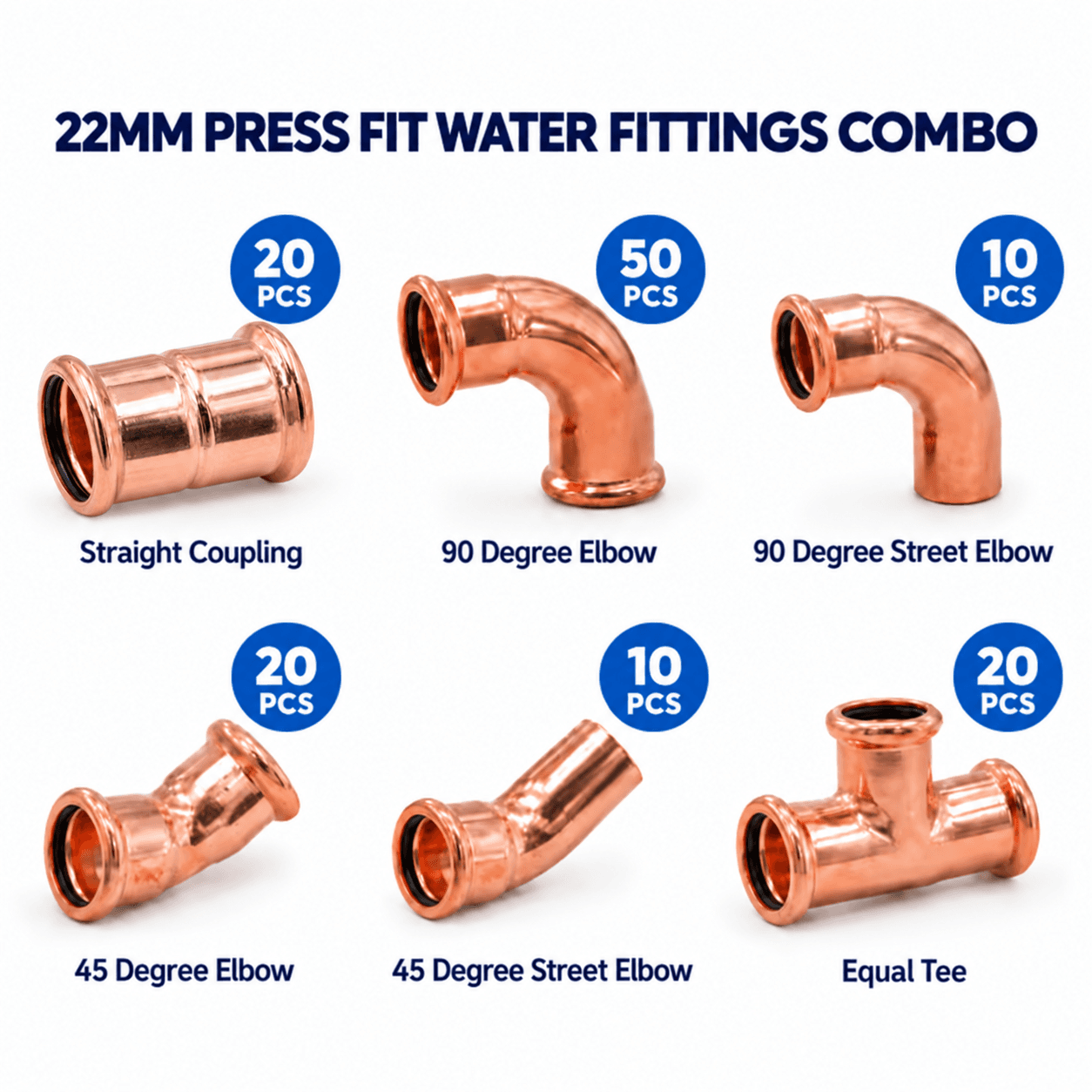 22mm Press Fit Water Fittings Combo Pack - 130 Pieces