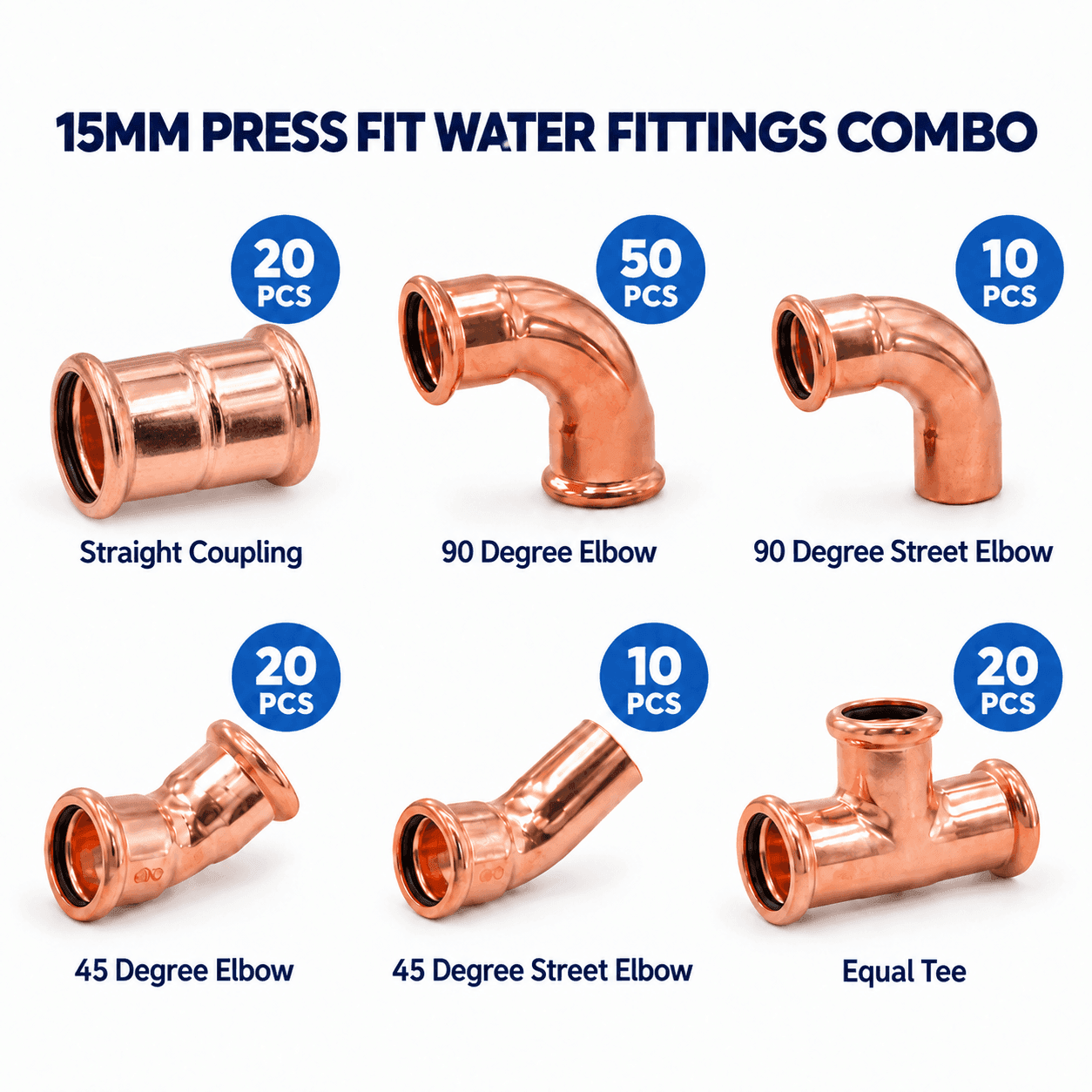15mm Press Fit Water Fittings Combo Pack – 130 Pieces - MEPSTOCK