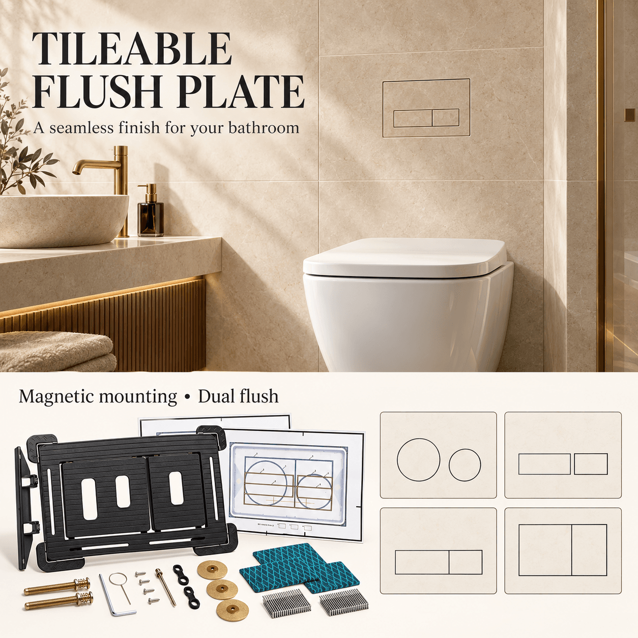 MEP Stock Tileable Flush Plate, Hidden Dual Flush Actuator Plate for Concealed Toilet Cistern