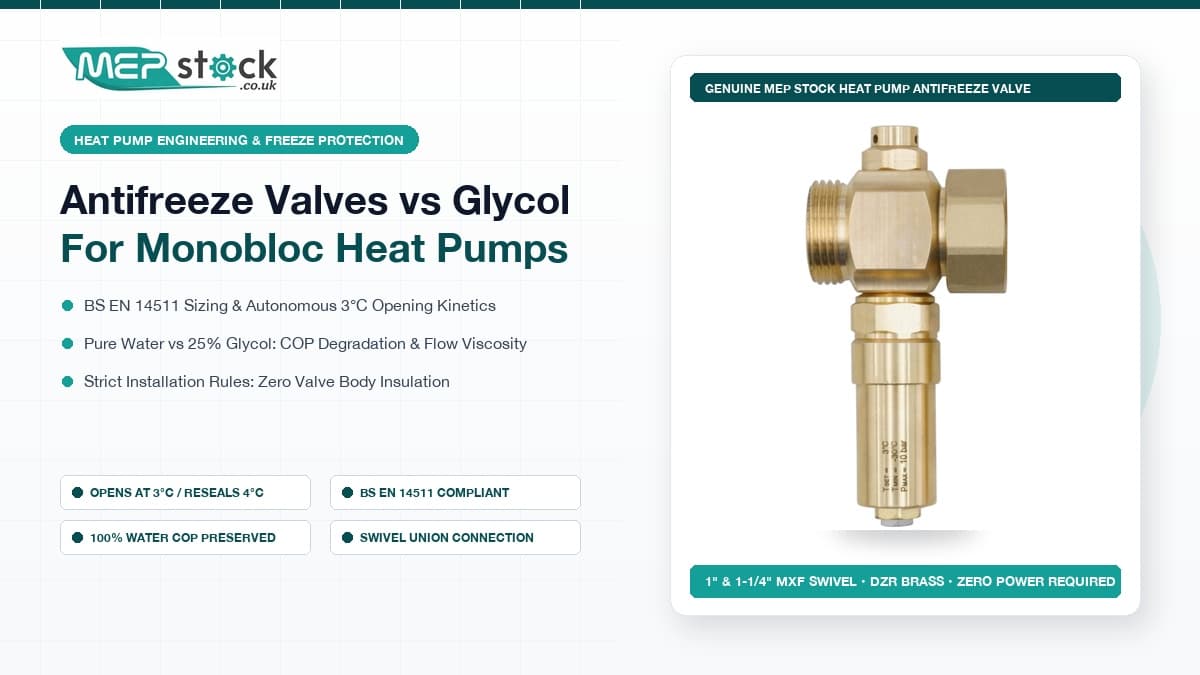 Antifreeze Valves vs Glycol for Monobloc Heat Pumps: BS EN 14511 Sizing, COP Impact & Freeze Protection Guide