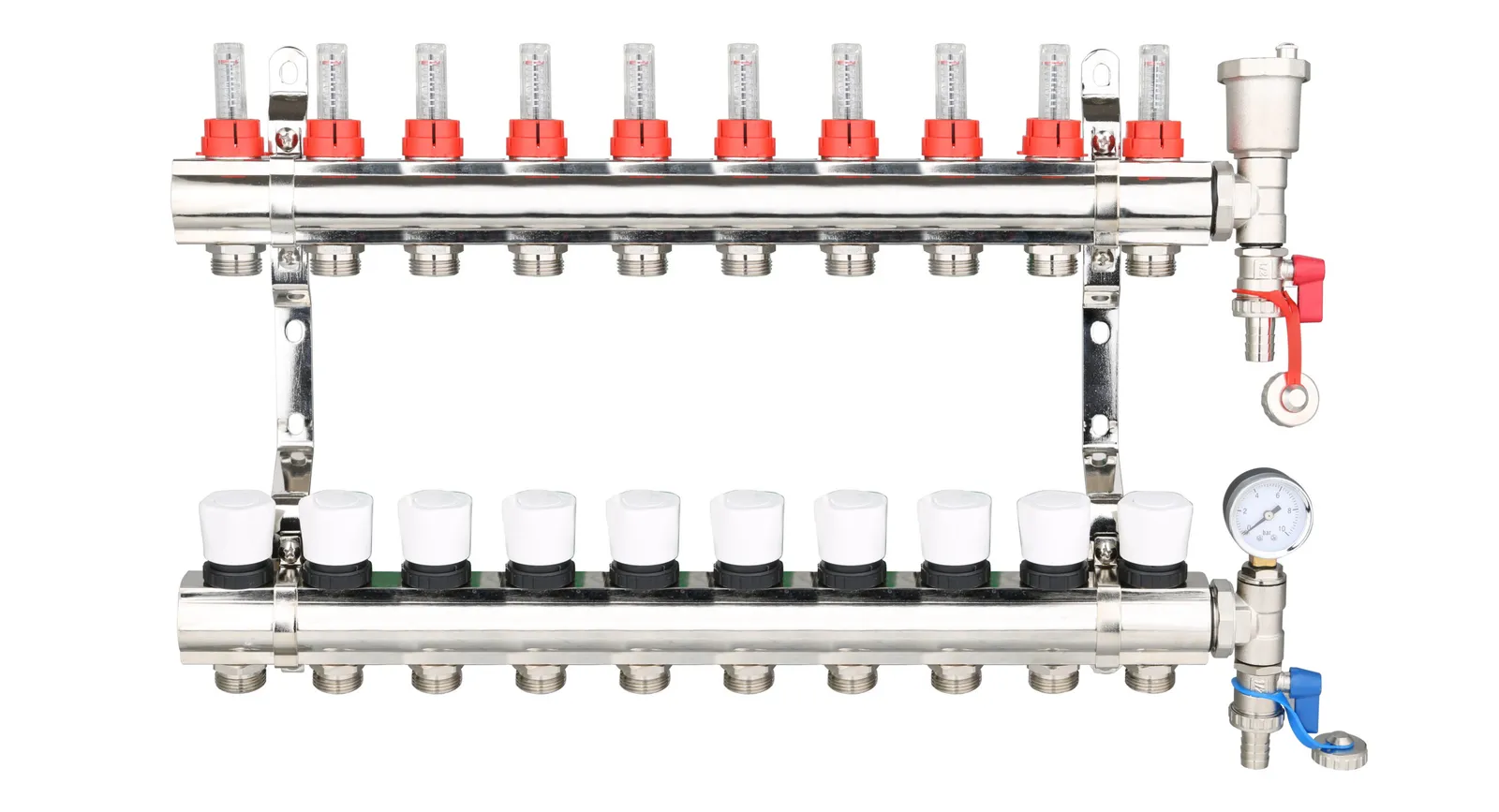 Brass Underfloor Heating Manifold with Pressure Gauge and Auto Air Vent