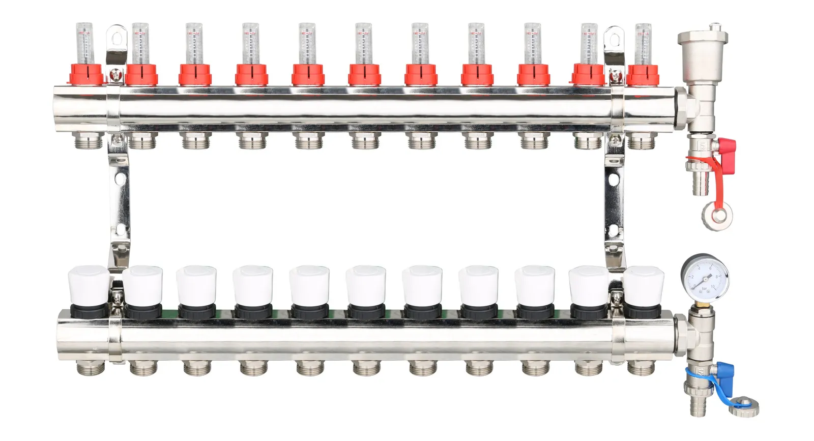 Brass Underfloor Heating Manifold with Pressure Gauge and Auto Air Vent