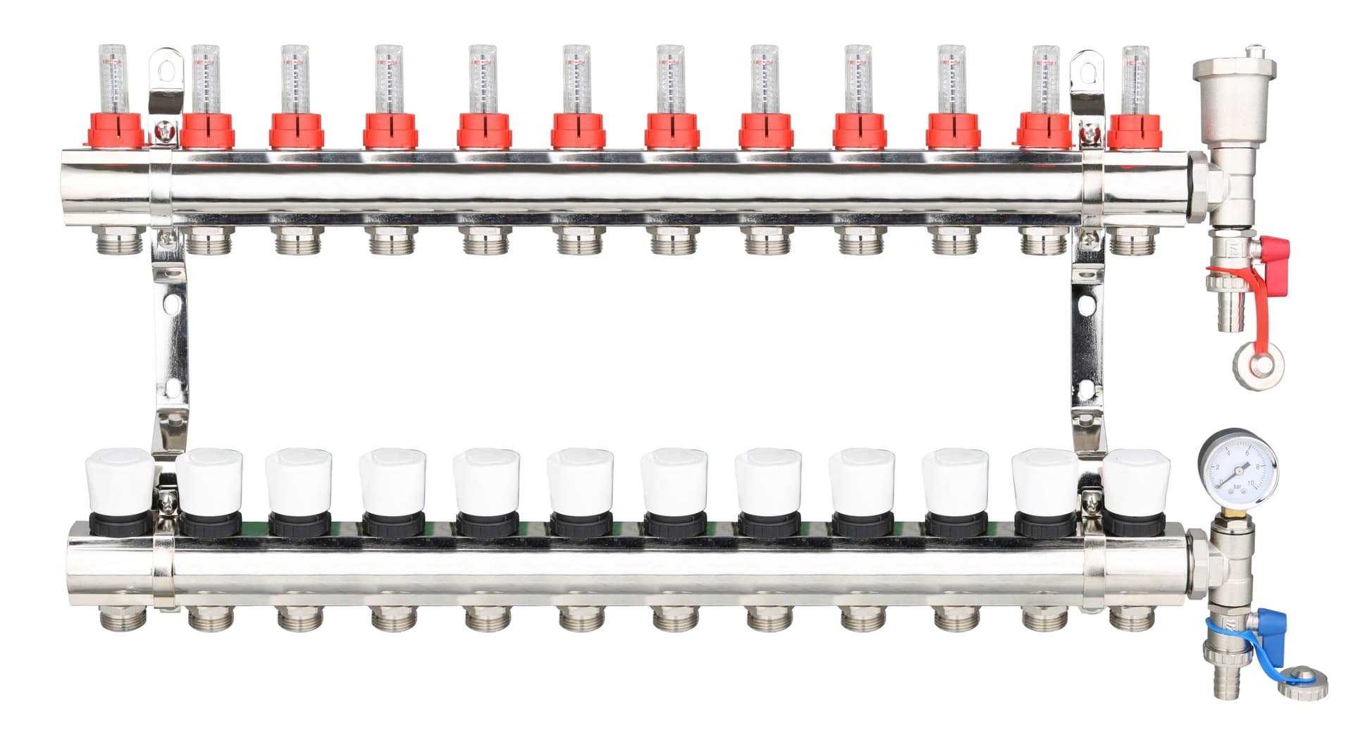 Brass Underfloor Heating Manifold with Pressure Gauge and Auto Air Vent