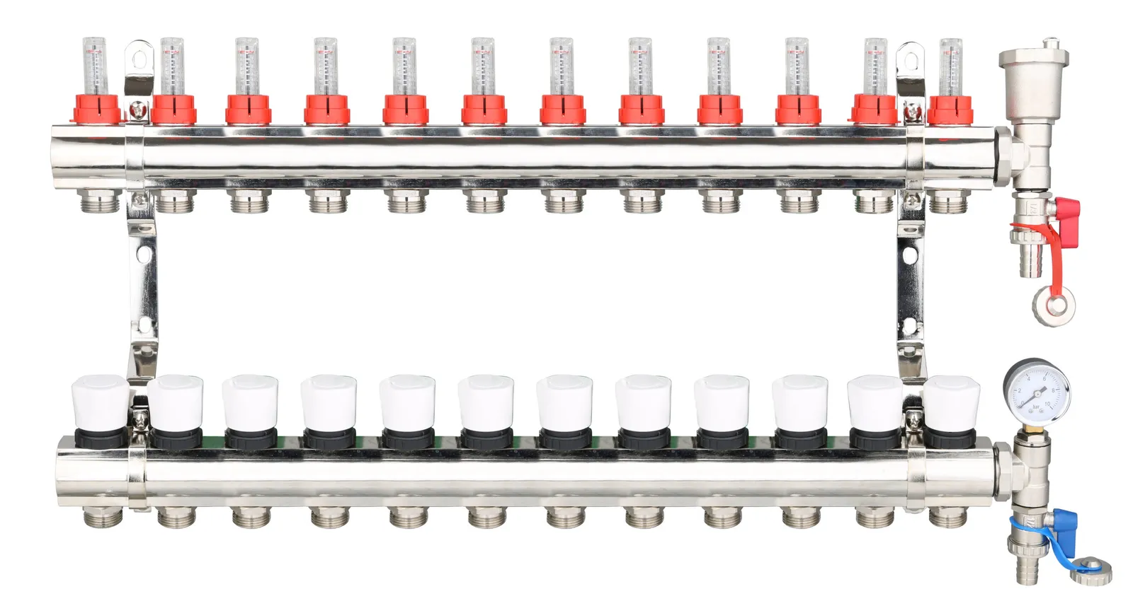Brass Underfloor Heating Manifold with Pressure Gauge and Auto Air Vent