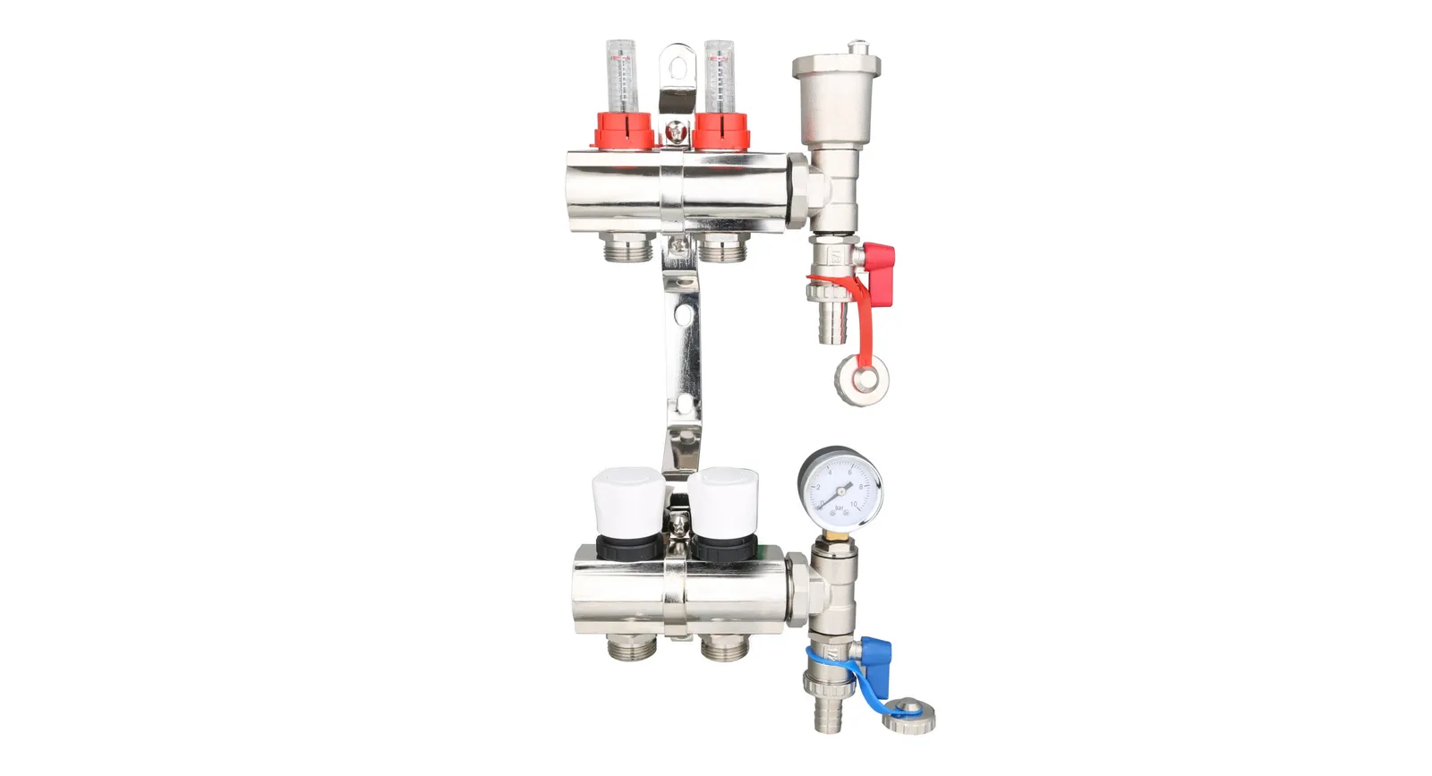 Brass Underfloor Heating Manifold with Pressure Gauge and Auto Air Vent
