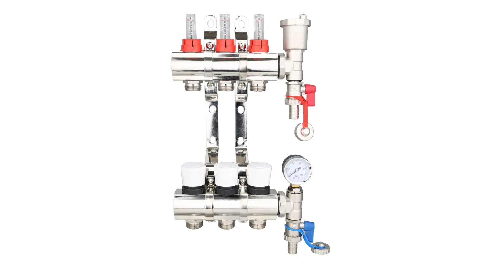 Brass Underfloor Heating Manifold with Pressure Gauge and Auto Air Vent