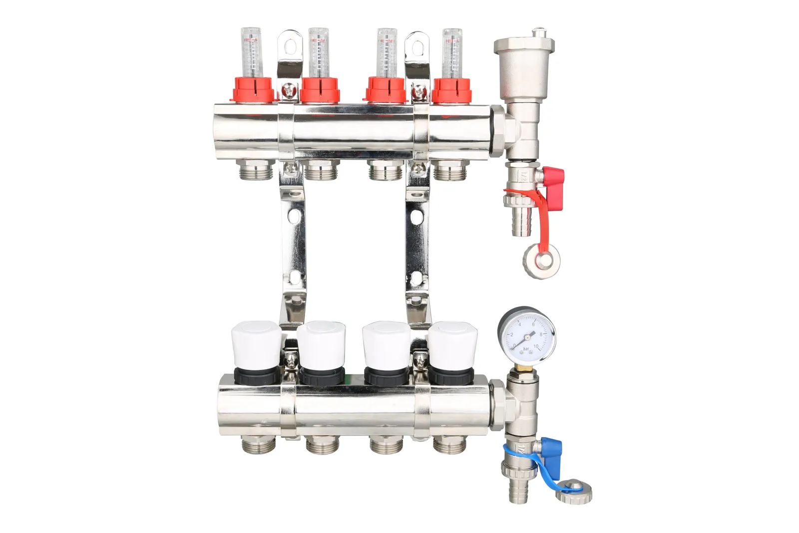 Brass Underfloor Heating Manifold with Pressure Gauge and Auto Air Vent