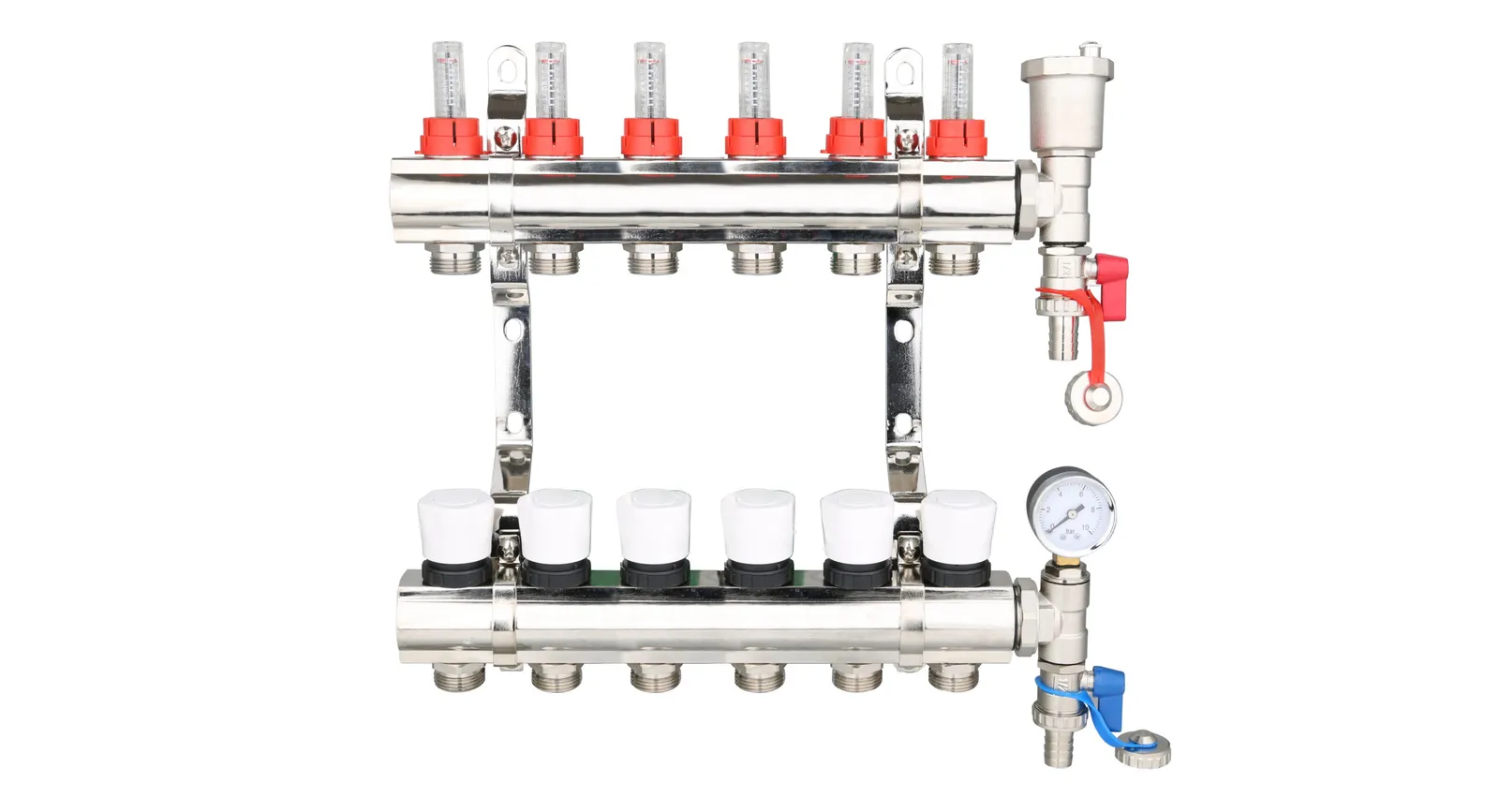 Brass Underfloor Heating Manifold with Pressure Gauge and Auto Air Vent