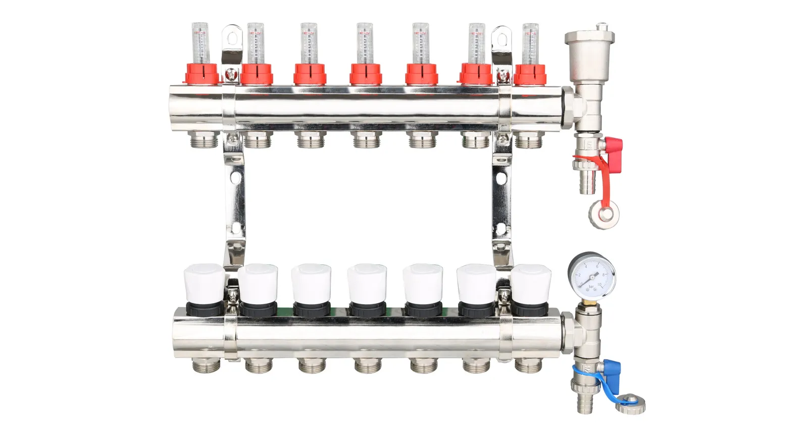 Brass Underfloor Heating Manifold with Pressure Gauge and Auto Air Vent