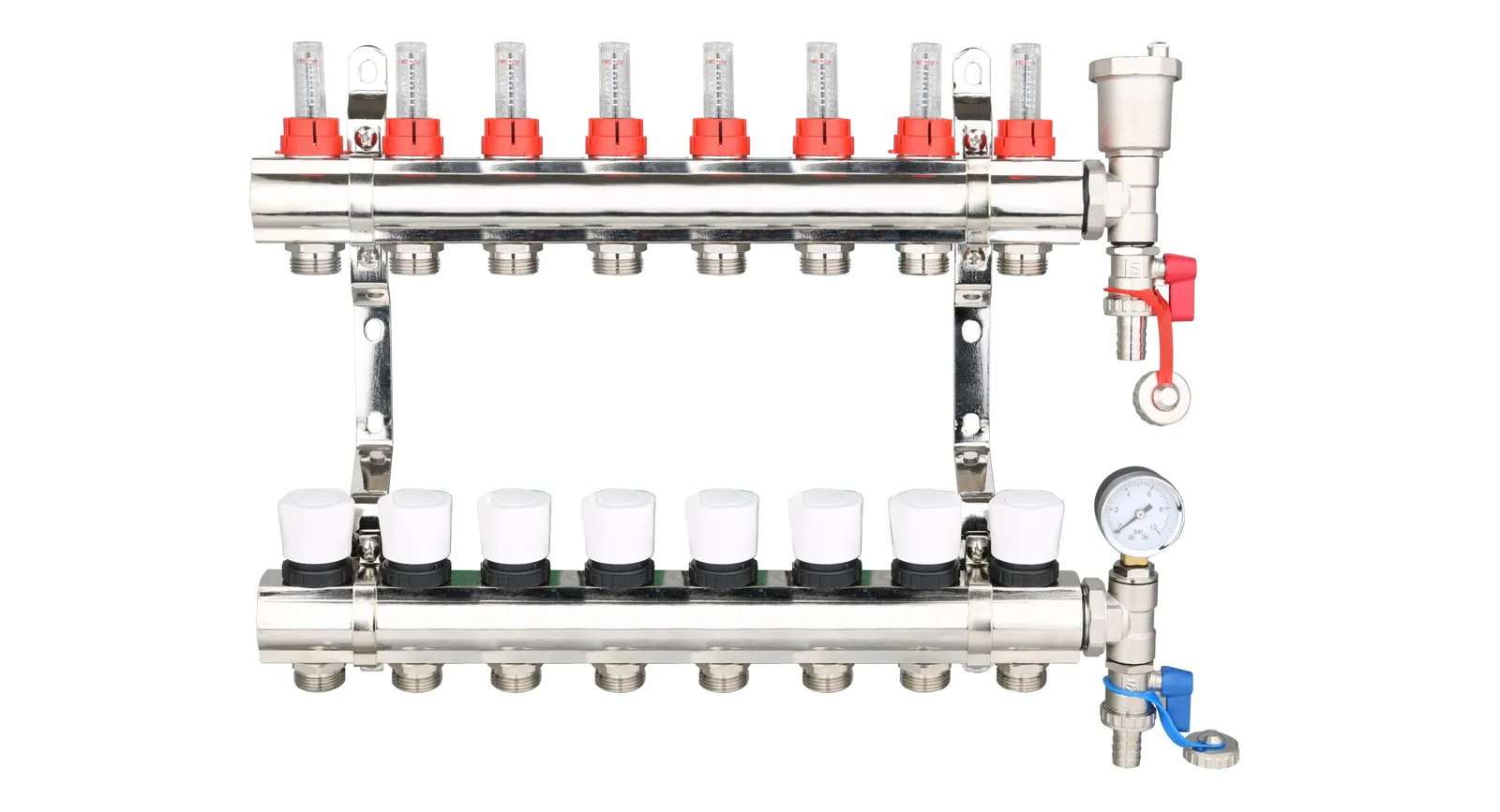 Brass Underfloor Heating Manifold with Pressure Gauge and Auto Air Vent