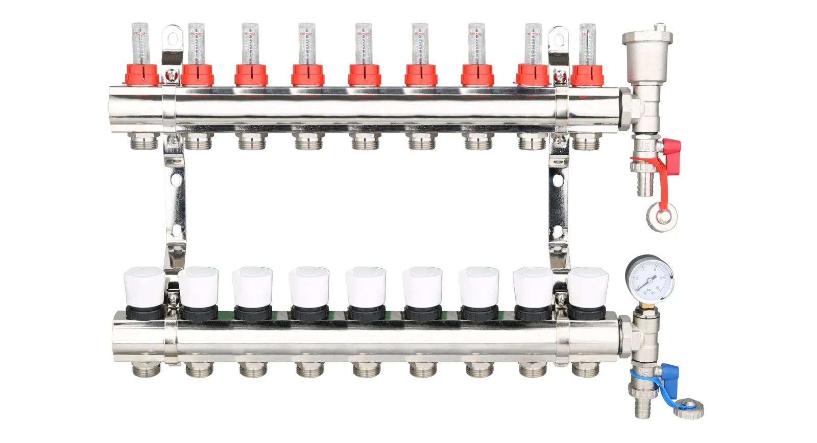 Brass Underfloor Heating Manifold with Pressure Gauge and Auto Air Vent