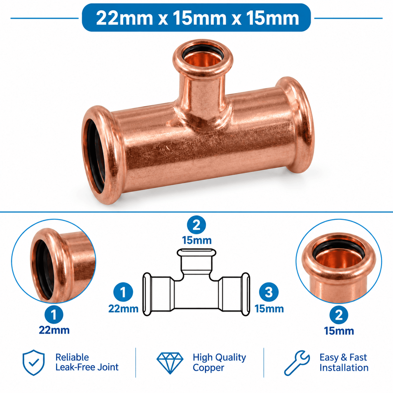 Copper M Profile Press Fit Water Reducing Tee