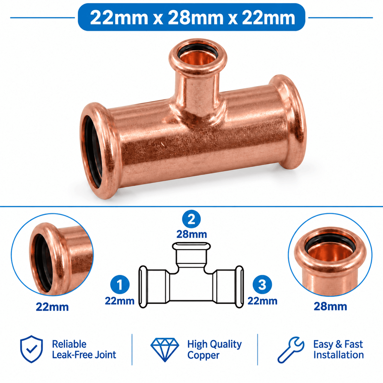 Copper M Profile Press Fit Water Reducing Tee