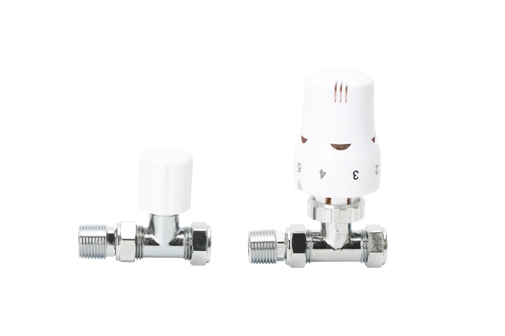 Straight White TRV & Lockshield Valve Set with PTFE Tape